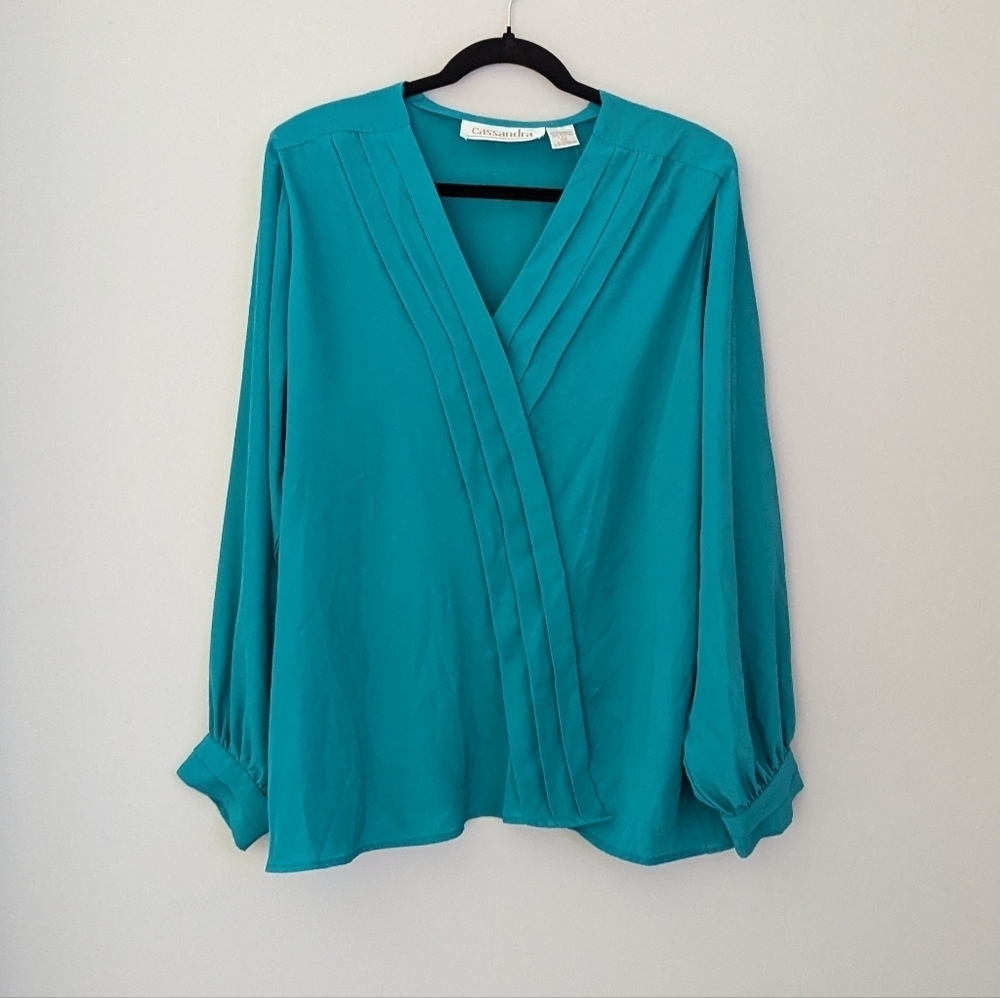 Vintage Satin‎ Pleated-Front Blouse with Shoulder Pads